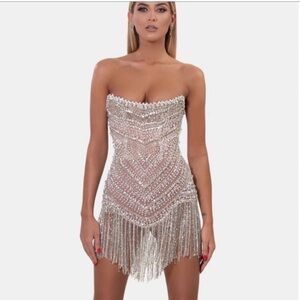 Strapless Silver Beaded Fringe Mini Dress